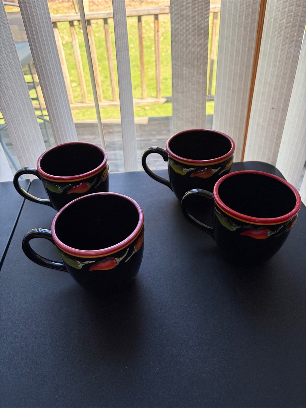 Clay Art Black Ceramic Jalapeno Accent Mug with Red Rim - Set of 4